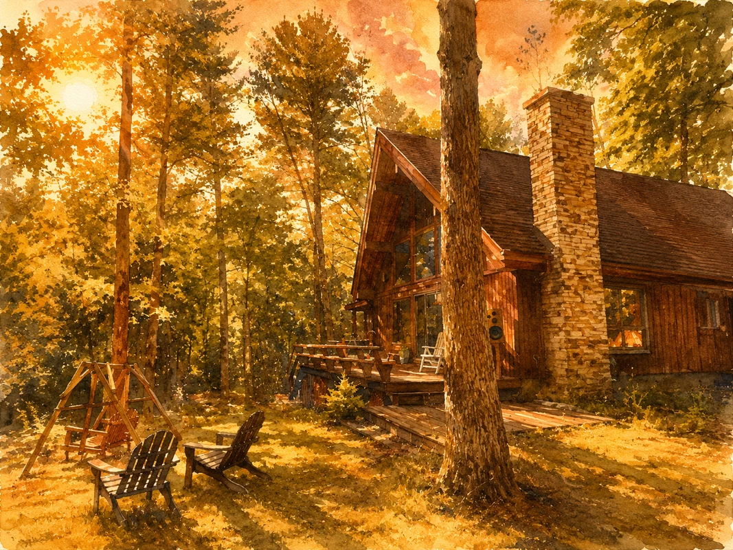 Watercolor cabin in warm woodland light