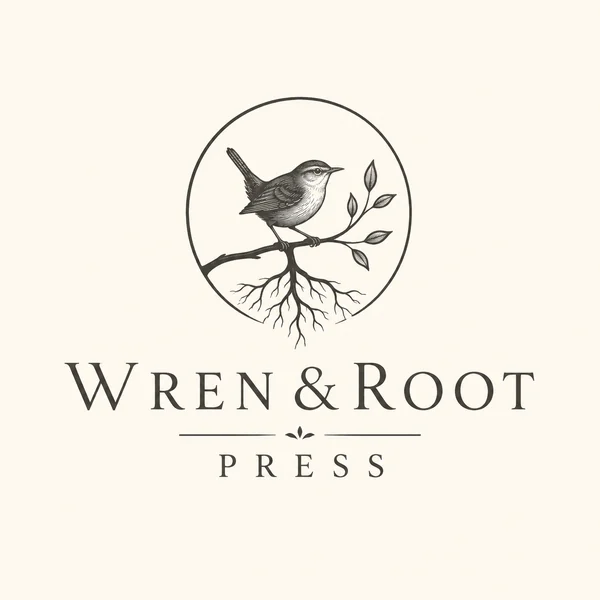 Wren & Root Press logo featuring a wren, branch, and roots