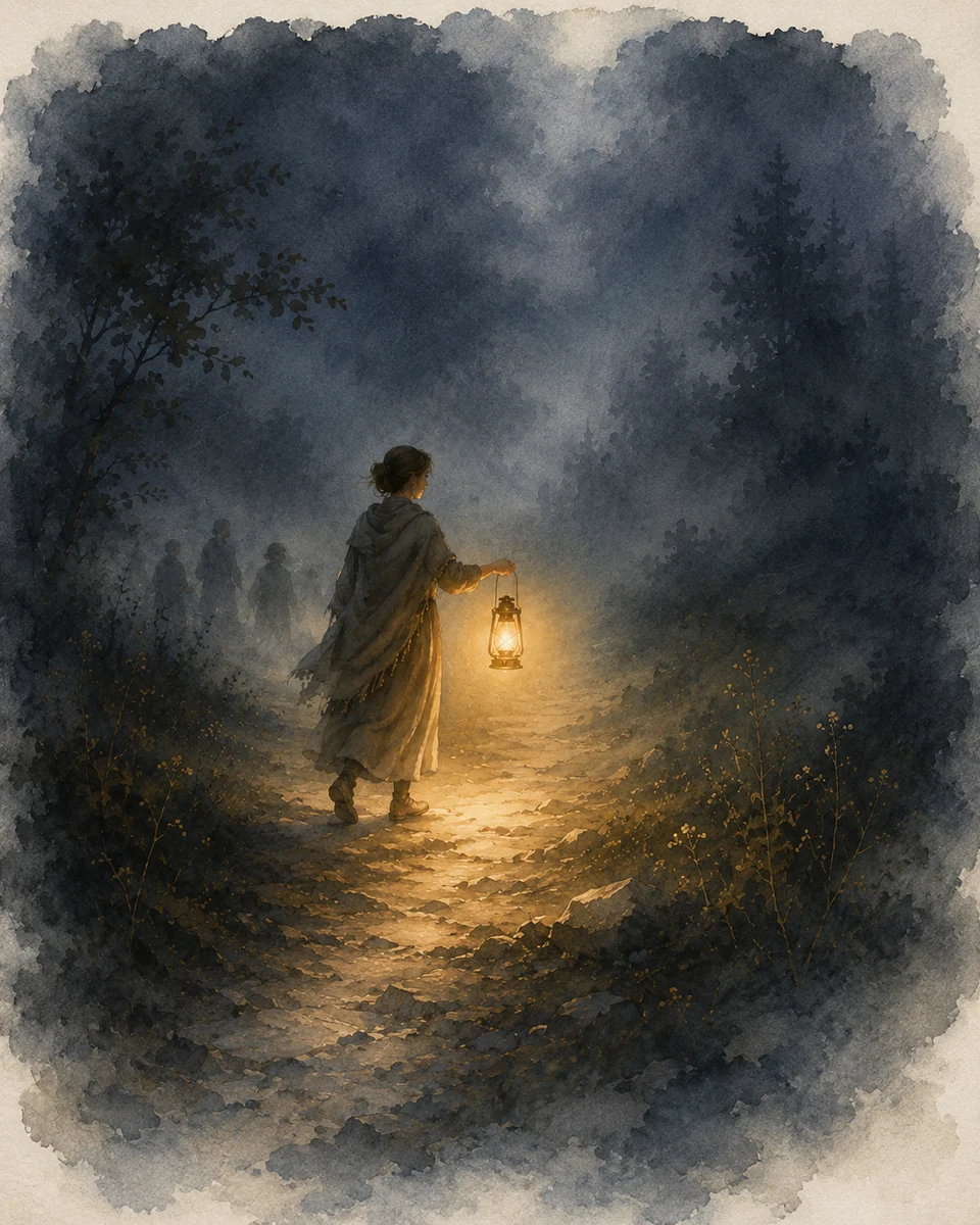 Watercolor figure carrying a lantern on a dark path