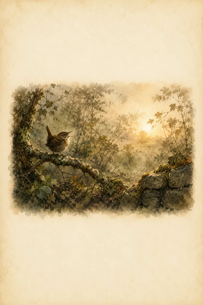 Watercolor wren in a misty woodland